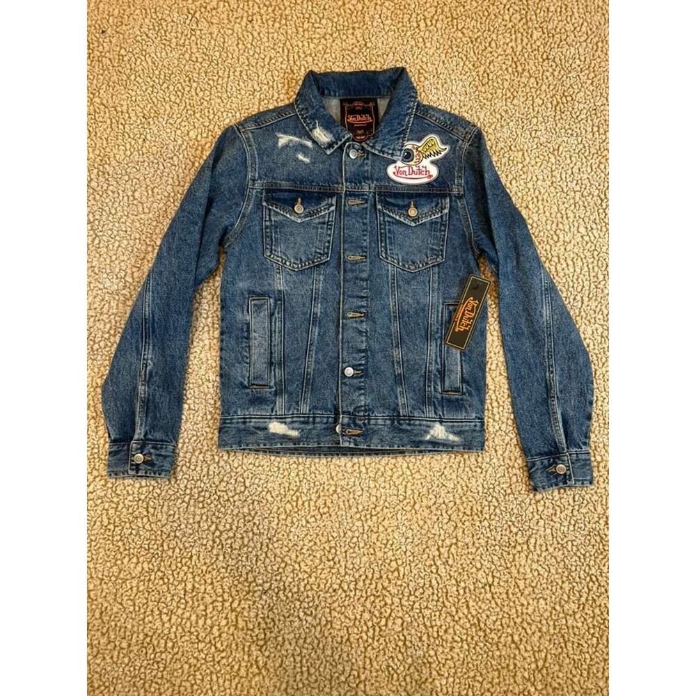Von Dutch Denim Jacket XS Blue Distressed Trucker Jacket Embroidered Logo Y2K
